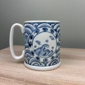 Vintage Blue White Ceramic Mug Japanese Style Waves Ocean Fish Coffee Tea Cup